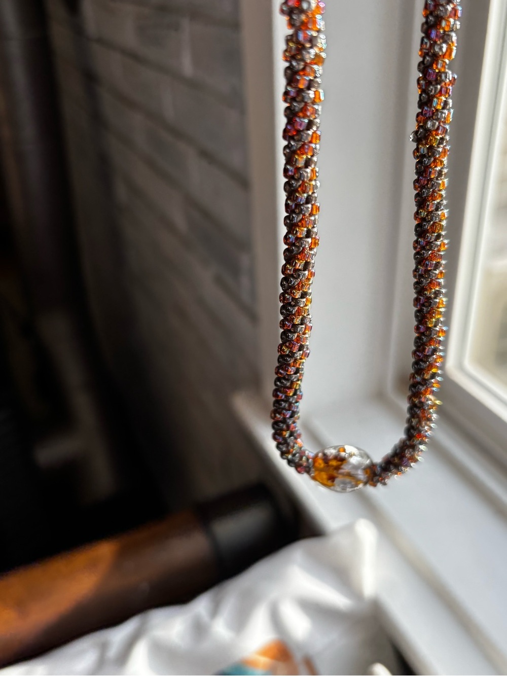 Handcrafted Brown Glass Bead Necklace with Amber Focal Pendant - Picture 4 of 9